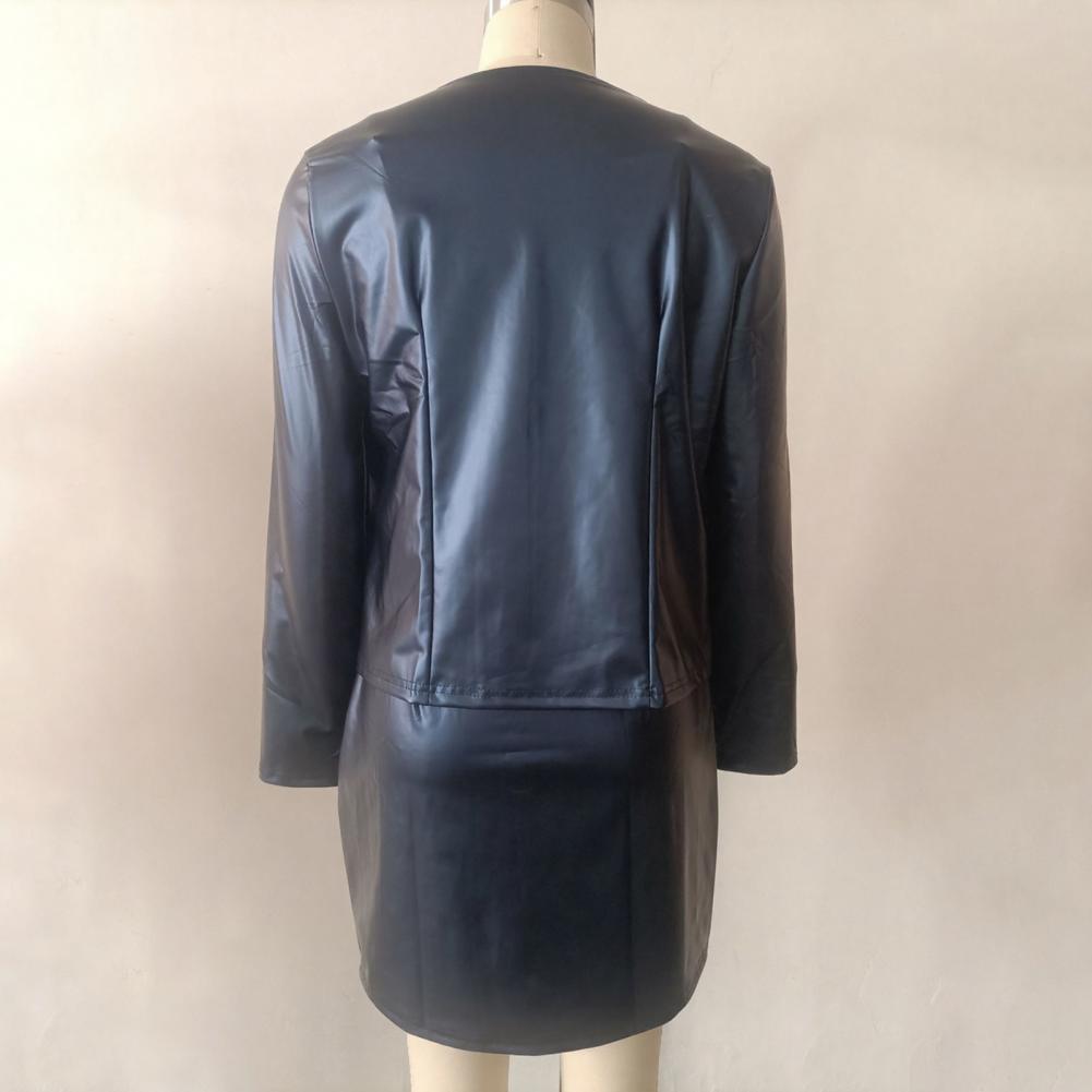 Leather Work Outfit - Women Faux Leather Skirt Suit Simple