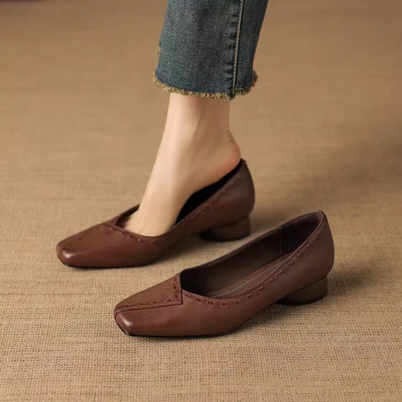 Elegant Square Toe Chunky Heel - đánh giá và giá Leather Work Outfit